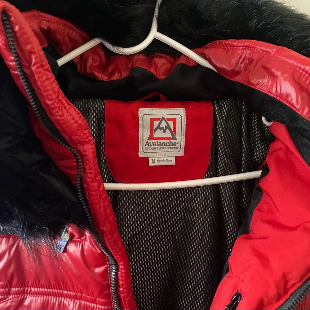 Avalanche Outdoors Supply Company Red Puffer Jacket with Black Faux Fur Trim